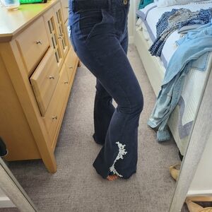 Navy Flare Jeans with White Lace Detail